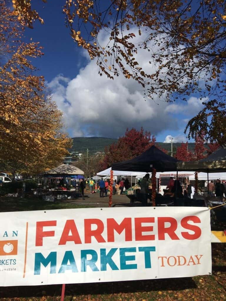 A large banner reading “FARMERS MARKET TODAY” stretches across the foreground, while shoppers browse produce stands beneath white and black pop-up tents. Golden autumn leaves frame a deep-blue sky and distant green hills, underscoring the in-season, community vibe.