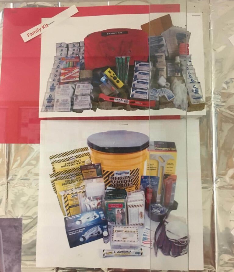 Two types of emergency survival kits displayed side by side: a red "Family Kit" with neatly organized first aid and hygiene supplies, and a yellow bucket kit labeled “Emergency Survival Supplies” with food, water, masks, and tools. This comparison shows the difference between compact first aid setups and more comprehensive emergency kits for long-term preparedness.